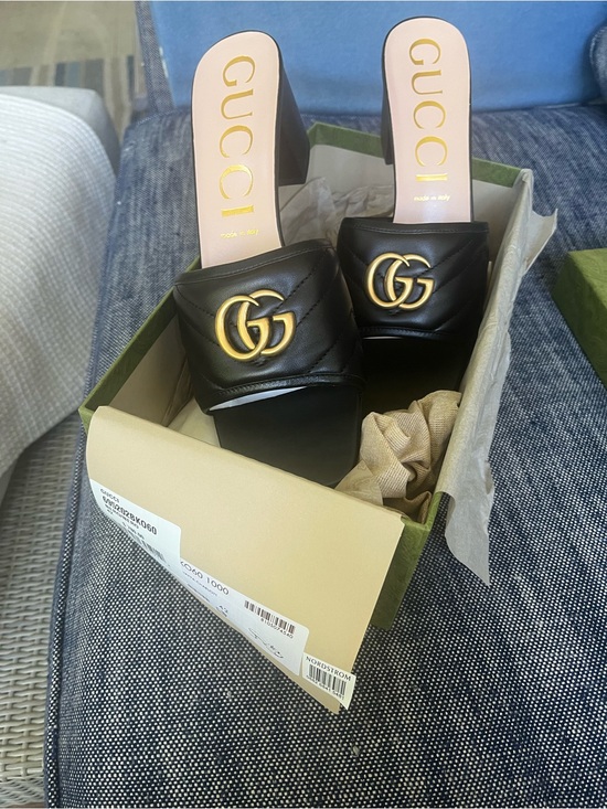 Gucci Shoes - Gucci Napa Black Slides with gold logo and Cream Box with Label and receipt NWT